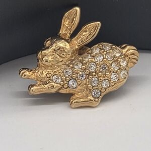 Avon Gold Bunny Brooch with Clear Crystal Accents